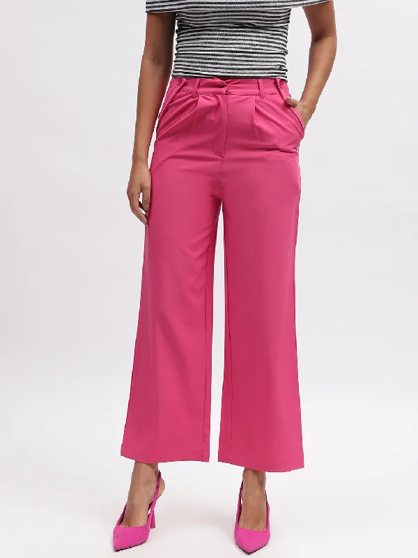 Women's Blouse with Wide CollarElle Women Fuchsia Solid Straight Fit Trouser