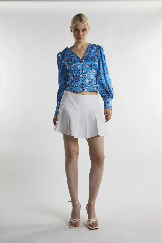 Women's Blouse with Collarless DesignBlue Multi-Floral Long-Sleeve Top