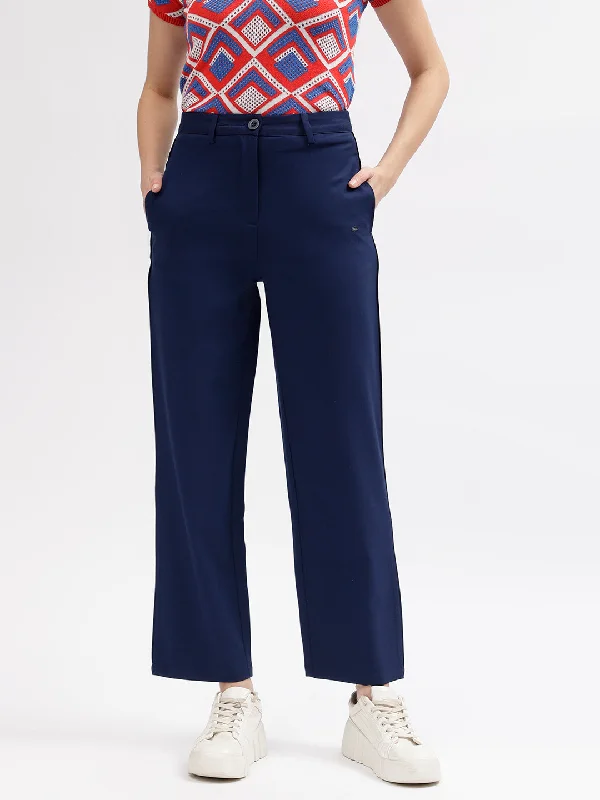 Women's Blouse with Collarless NeckElle Women Navy Blue Solid Straight Fit Mid-Rise Trouser