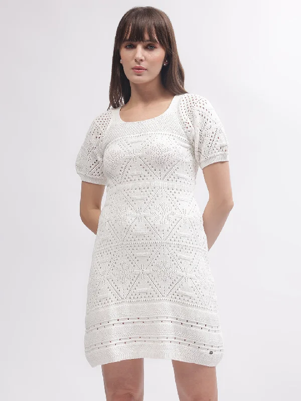 Women's Solid BlouseElle Women White Self-Design Round Neck Short Sleeves Dress