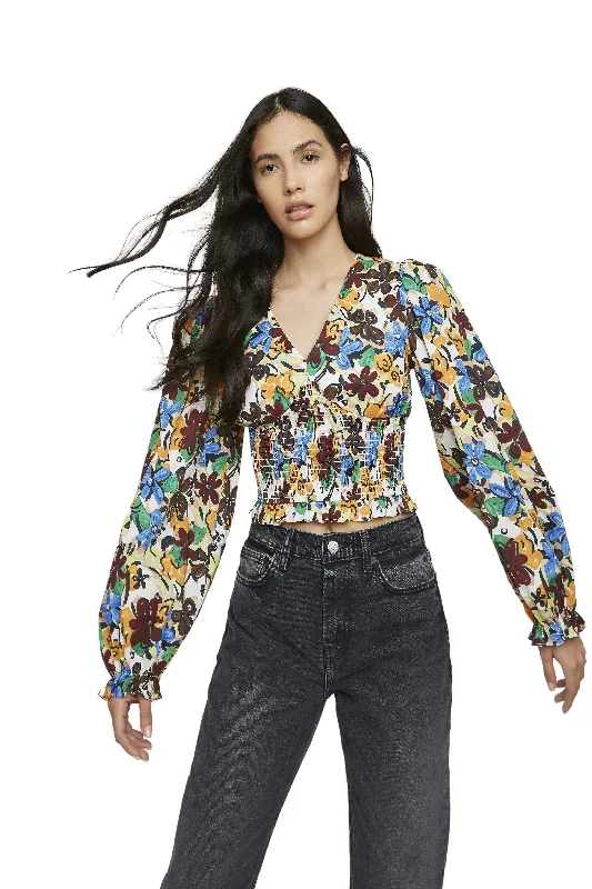 Women's Blouse with Sweetheart CollarGlamorous Spring Floral V- Neck Long Sleeve Elasticated Blouse