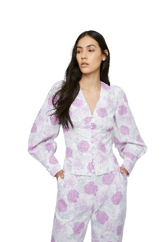 Women's Blouse with Peter Pan CollarGlamorous Lilac Roses Button Front Long Sleeve Blouse