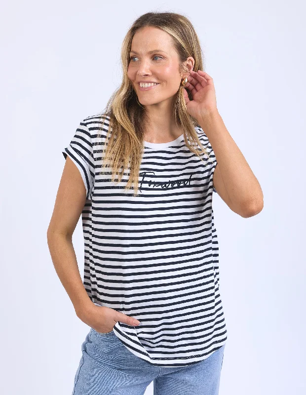 Women's Blouse with Fur TrimFoxwood Signature Stripe Tee Dark Sapphire/White Stripe