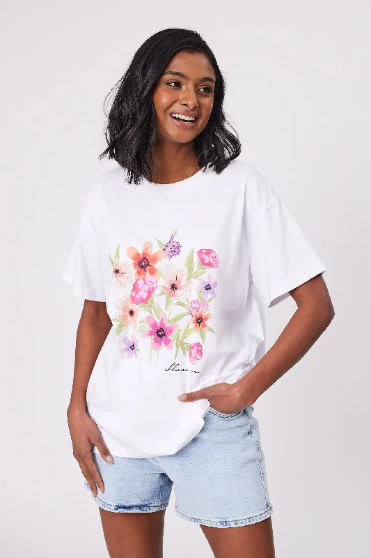 Women's Blouse with High CollarShine On Label Floral Fantasy Tee White