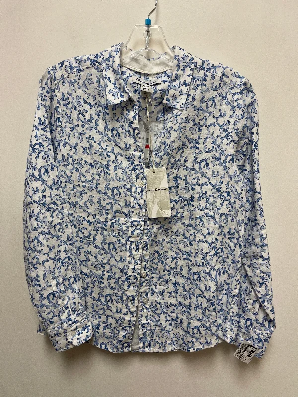 Women's Blouse with Collarless NeckBlouse Long Sleeve By Tommy Bahama In Blue & White, Size: Xs