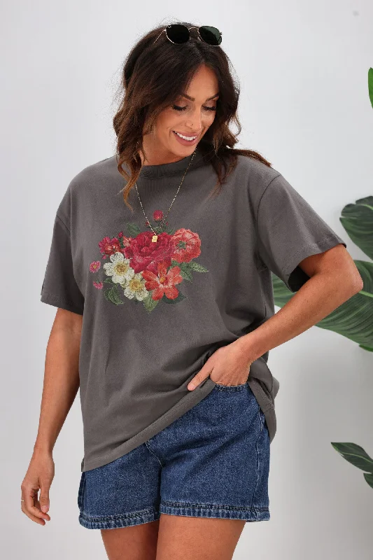 Women's Blouse with Cap SleevesShine On Label Flower Bunch Tee Charcoal