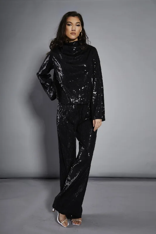 Women's Blouse with Notched CollarBlack Sequin High-Neck Long Sleeve Blouse