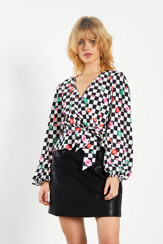 Women's Blouse with Lapel CollarGlamorous Checkerboard Flower Wrap Blouse with Tie detail