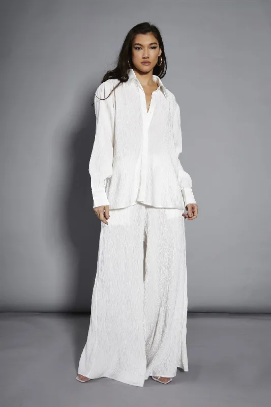 Women's Blouse with Collarless DesignWhite-Plisse Oversized-Shirt