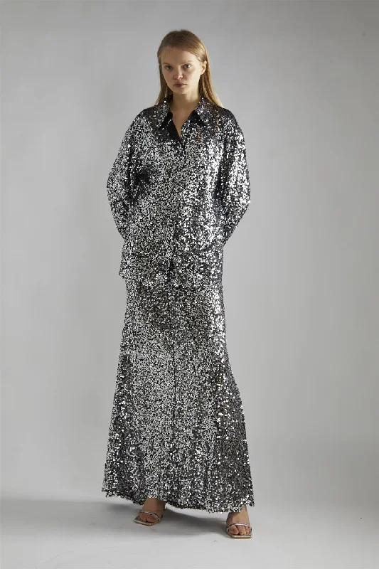 Women's Blouse with BeadsBlack-Silver Sequin Loose-Fit Shirt