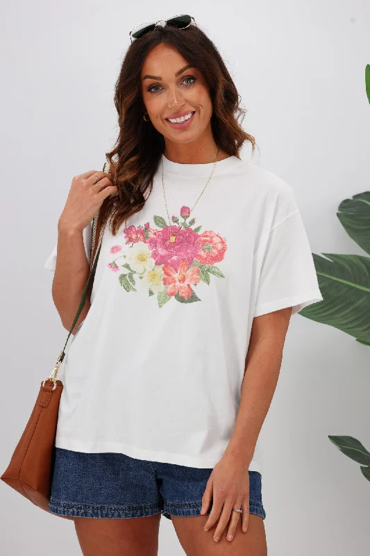 Women's Blouse with Gathered SleevesShine On Label Flower Bunch Tee White