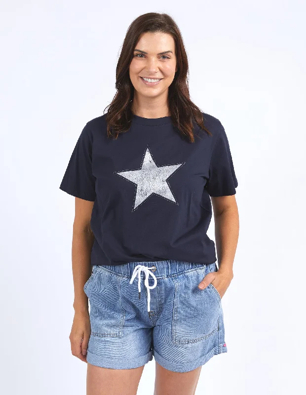 Women's Blouse with Puffed SleevesElm Sparkle Star Tee Navy With Silver Foil Print