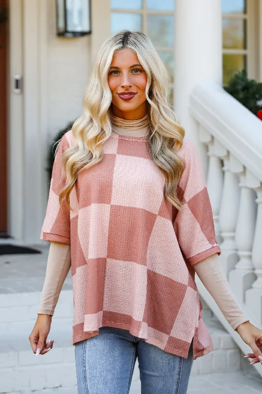 Women's Blouse with Shawl CollarFINAL SALE - Delaney Blush Checkered Waffle Knit Top - DOORBUSTER