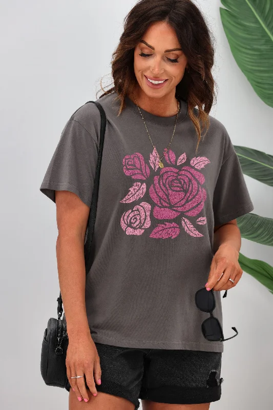 Women's Blouse with Short SleevesShine On Label Roses Tee Charcoal