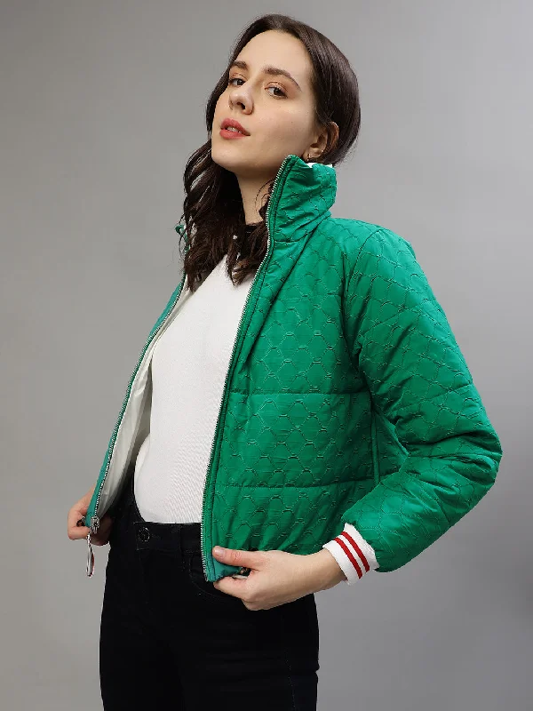 Women's Blouse with Square NeckElle Women Green Self-Design Stand Collar Full Sleeves Reversible Jacket