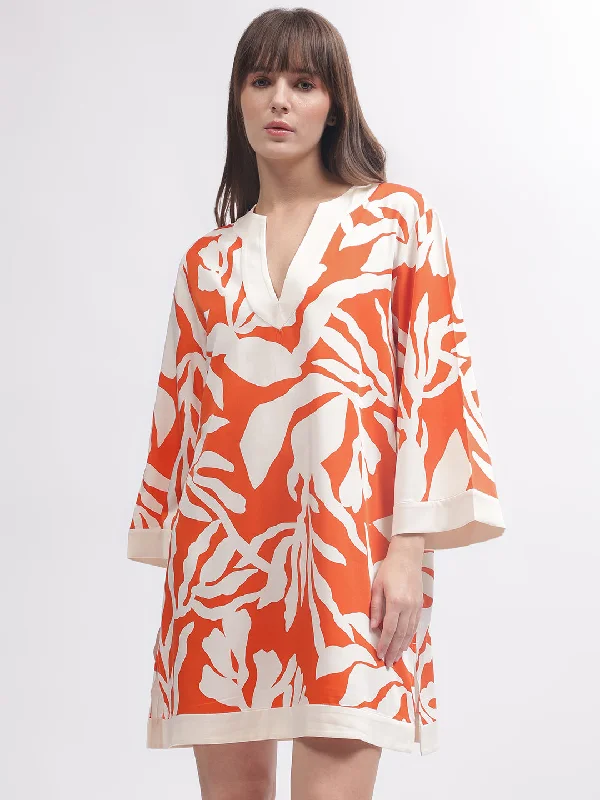 Women's Blouse with Peter Pan CollarGant Women Orange Printed V Neck 3/4th Sleeves Dress