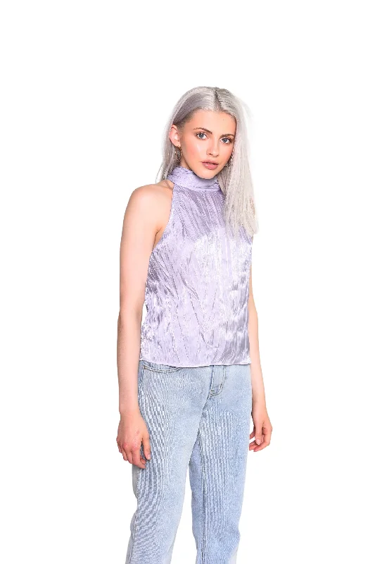 Women's Blouse with Short SleevesGlamorous Grey Lilac Metallic High Neck Satin Blouse