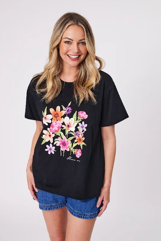 Women's Blouse with Notched CollarShine On Label Floral Fantasy Tee Washed Black