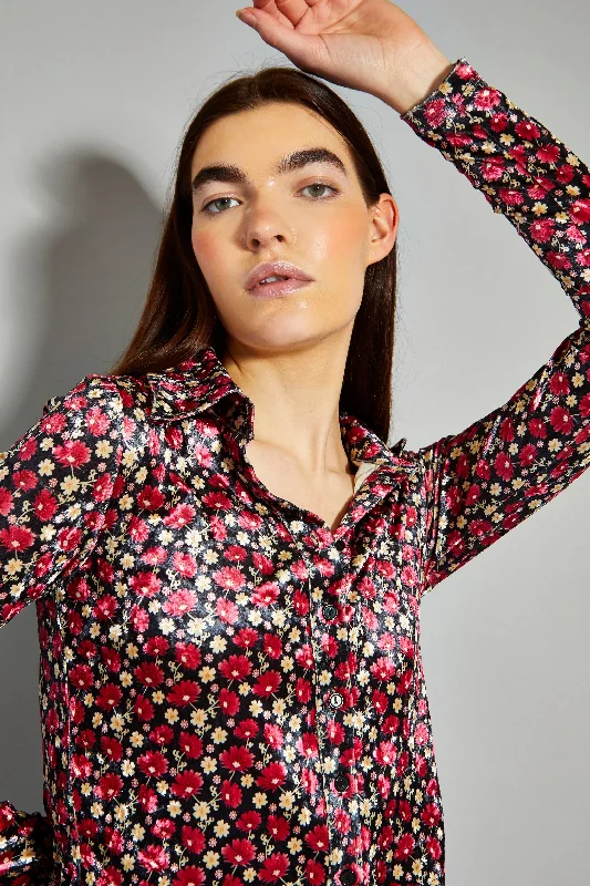 Women's Blouse with High CollarGlamorous Floral Print Velvet Button Front Shirt