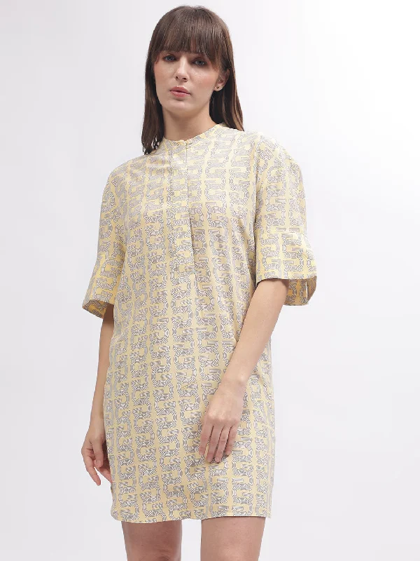 Women's Blouse with Shawl CollarGant Women Yellow Printed Band Collar Short Sleeves Dress