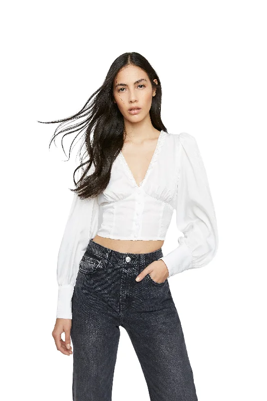 Women's Blouse with Narrow CollarGlamorous White V- Neck Button Front Blouse