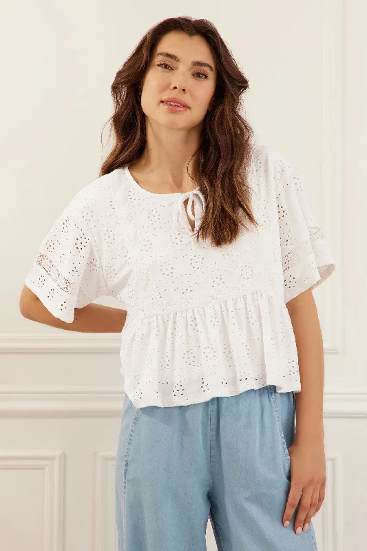 Women's Blouse with Puffed SleevesChemisier manches courtes broderies anglaises - Femme