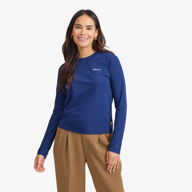 Women's Blouse with Low CollarWomen's Organic Cotton Long Sleeve Tee - Logo - Deep Navy