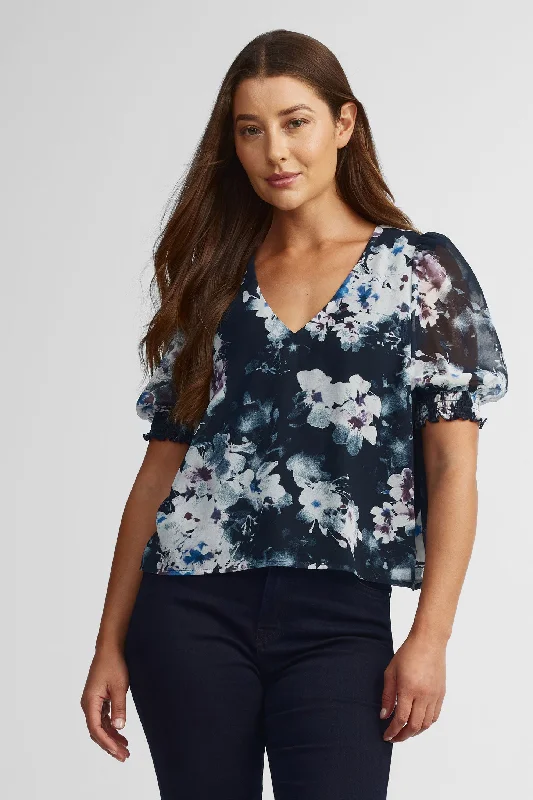 Women's Blouse with Sweetheart CollarChemisier manches ballons crêpe imprimé floral - Femme