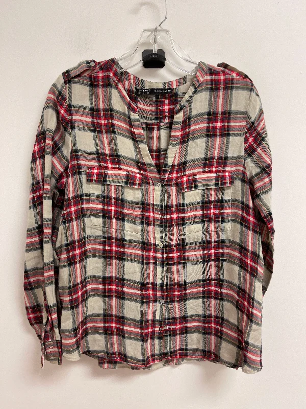 Women's Blouse with Low CollarBlouse Long Sleeve By Zara Basic In Plaid Pattern, Size: L