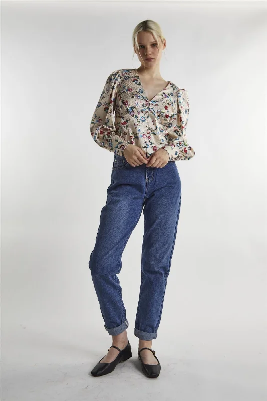 Women's Blouse with Keyhole CollarStone Multi Floral Long Sleeve Top