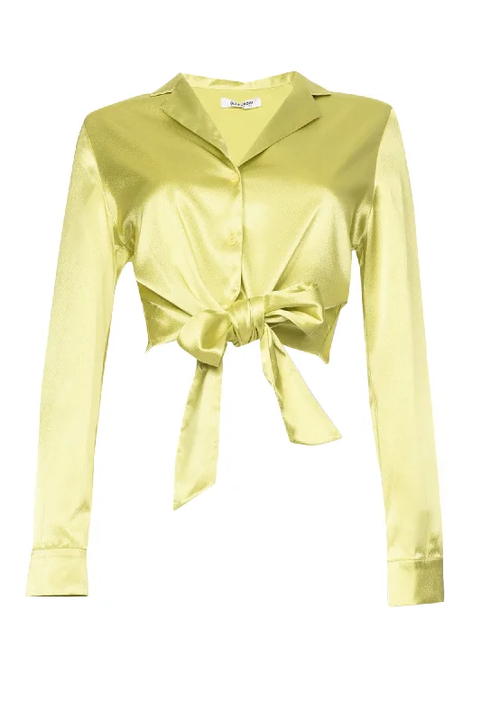 Women's Blouse with Wide CollarGlamorous Lime Satin Tie Button Front Cropped Shirt