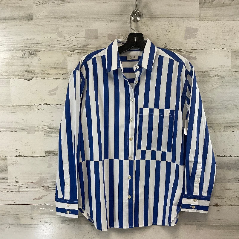 Women's Blouse with Notched CollarBlouse Long Sleeve By AYR In Blue & White, Size: S