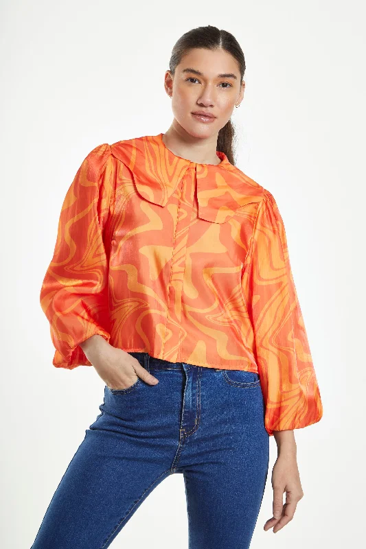 Women's Blouse with Rounded CollarGlamorous Orange Marble Boxy Shirt with Statement Collar