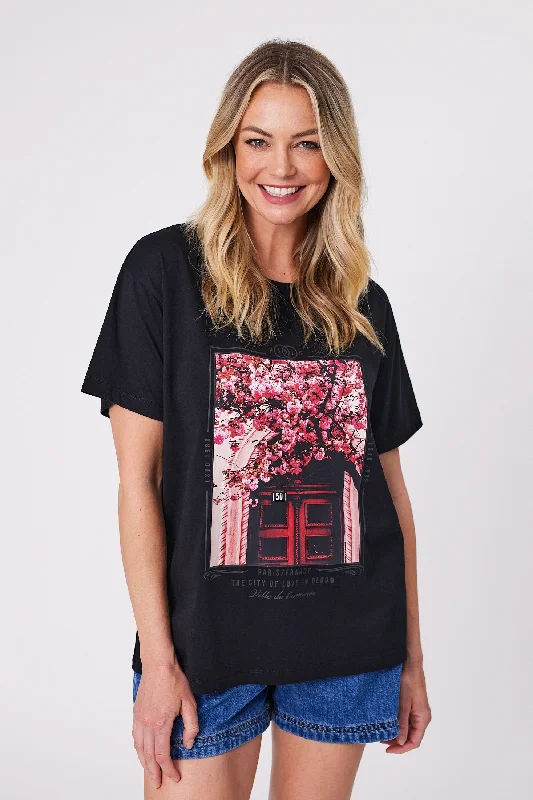 Women's Blouse with V-Shaped CollarShine On Label Blossom Belles Tee Black