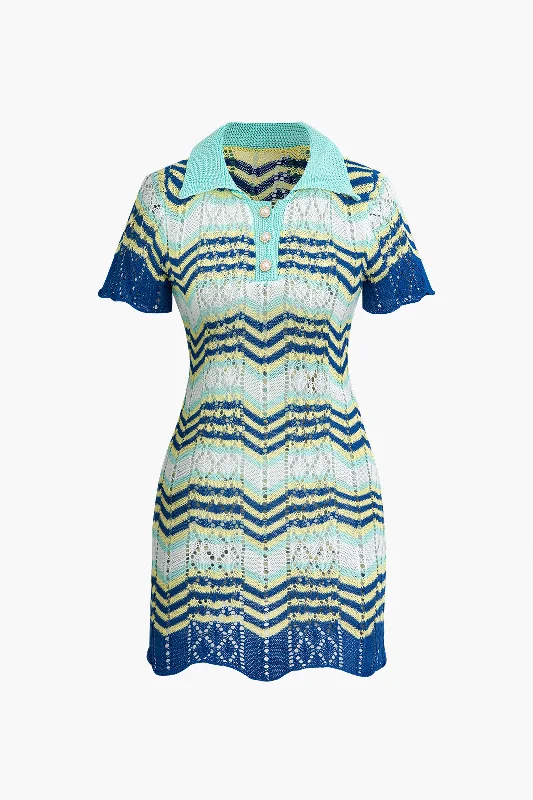 Women's V-Back DressesColor Block Crochet Polo Collar Short Sleeve Mini Dress