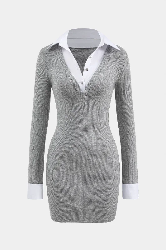 Women's Keyhole Collar DressesButton Patchwork Long Sleeve Mini Dress