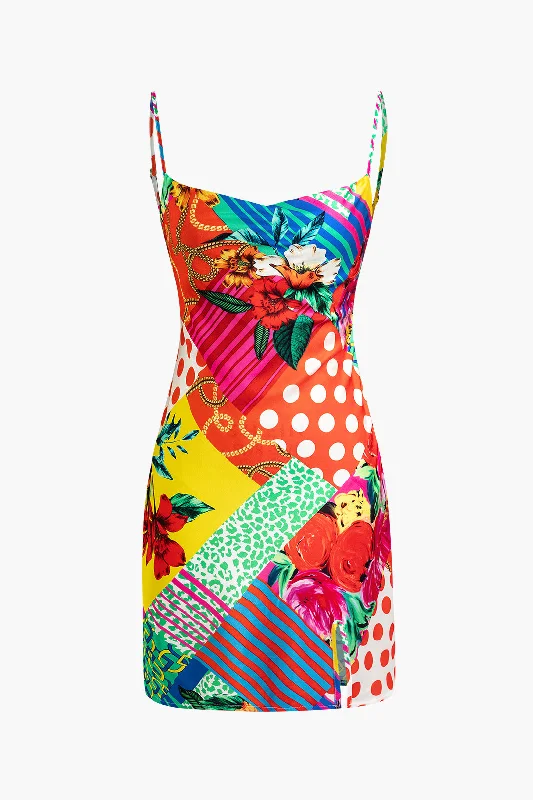 Women's V-Shaped Collar DressesFlower Print Slip Mini Dress