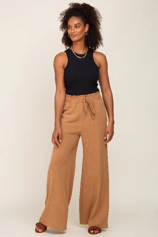 Women's Jodhpurs with Short LengthCamel Smocked Waist Wide Leg Linen Pants