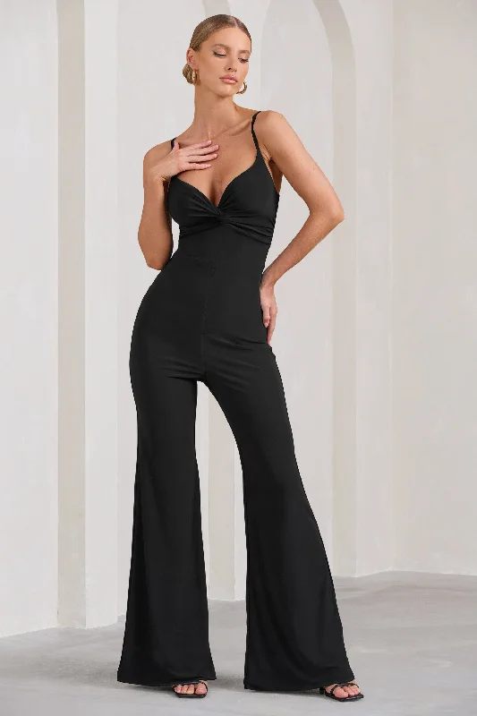 Women's Jumpsuits with Square CollarAspiration | Black Knot Detail Ruched Jumpsuit