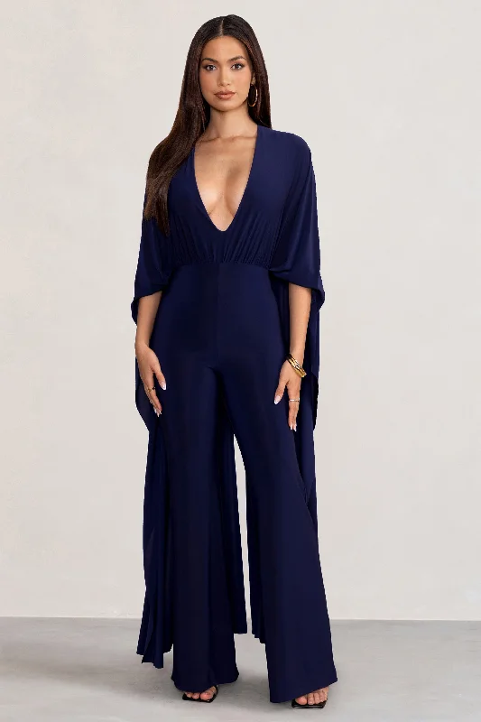 Women's Jumpsuits with Sweetheart CollarAnais | Navy Plunge Jumpsuit with Cape