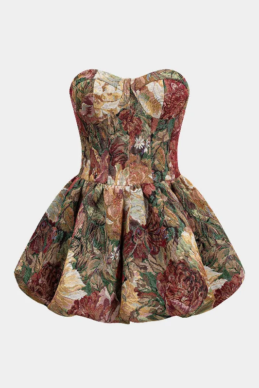 Women's U-Shaped Collar DressesFloral Jacquard Strapless Sleeveless Mini Dress