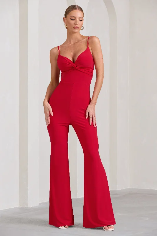 Women's Jumpsuits with Collarless DesignAspiration | Red Knot Detail Ruched Jumpsuit