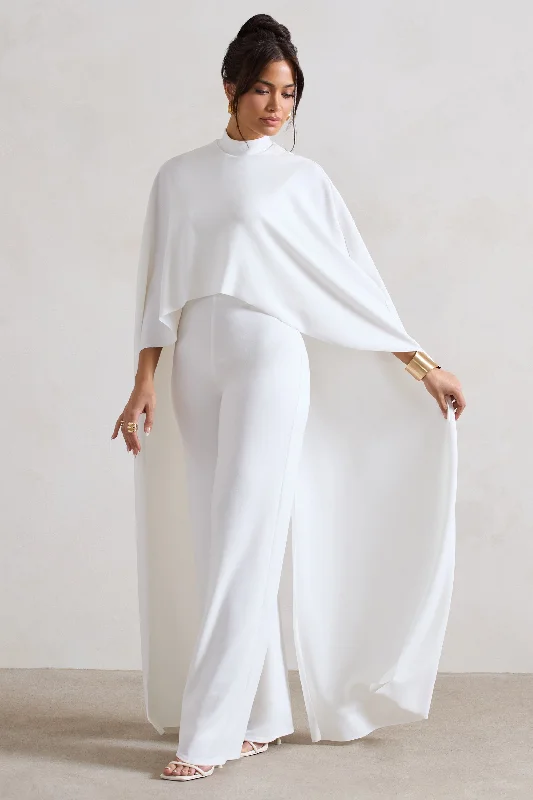 Women's Jumpsuits with Shirt CollarIndra | White High-Neck Wide-Leg Cape Jumpsuit