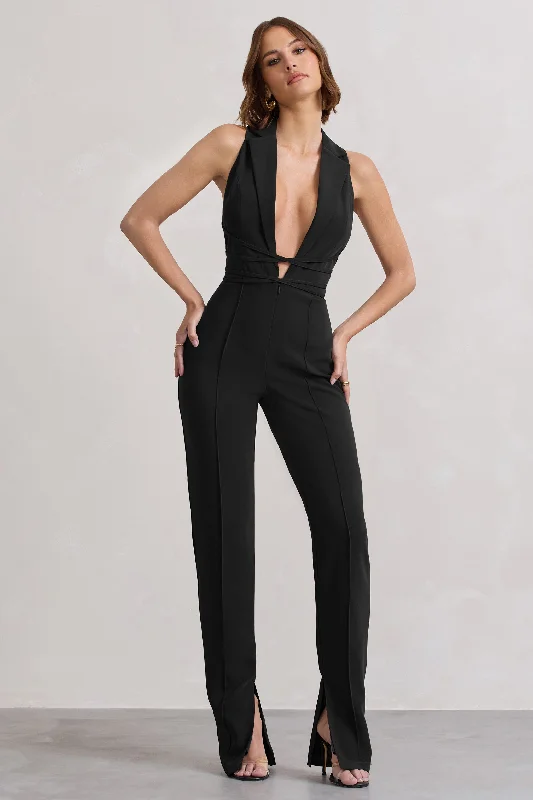 Women's Jumpsuits with Peter Pan CollarDarcy | Black Plunge Neck Tailored Jumpsuit With Tie Detail