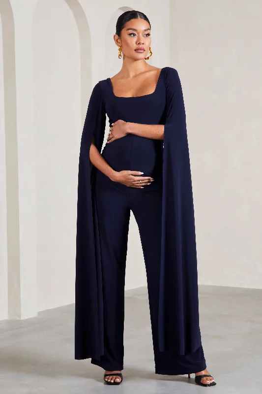 Women's Jumpsuits with Lapel CollarFaith | Navy Square-Neck Straight-Leg Maternity Jumpsuit With Cape Sleeves