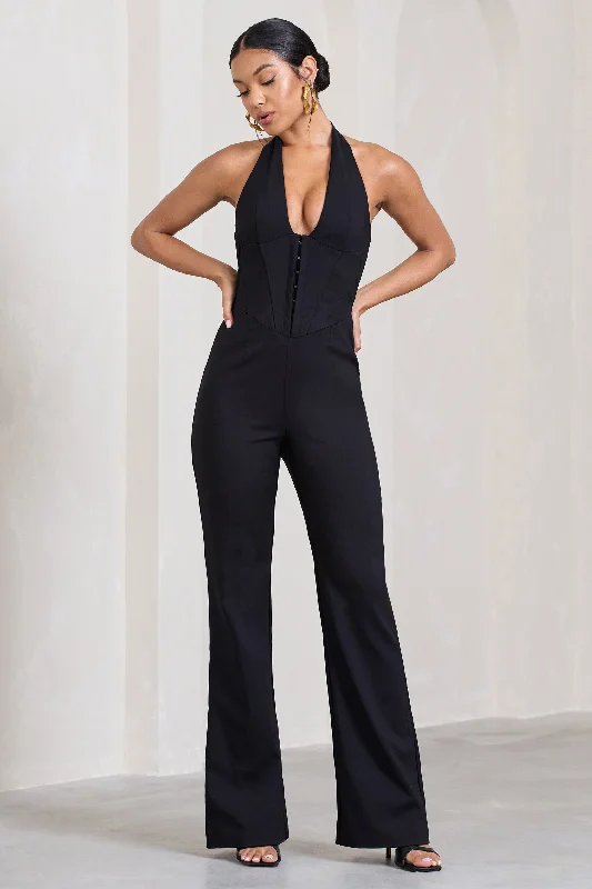 Women's Jumpsuits with Flared LegMargherita | Black Halter-Neck Corset Wide-Leg Jumpsuit