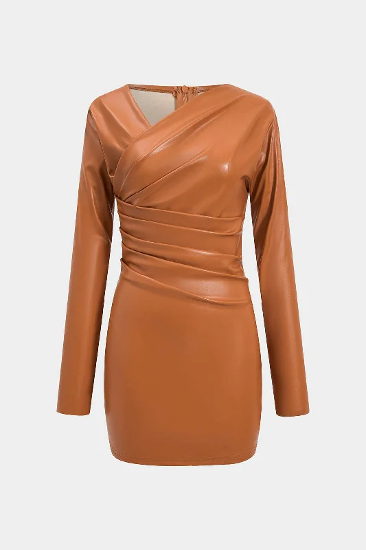 Women's Off-the-Shoulder DressesFaux Leather Ruched V-Neck Long Sleeve Mini Dress