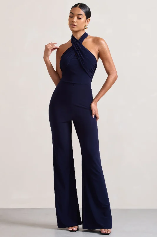 Women's Jumpsuits with Cropped LengthGoddess | Navy Halter Neck Flare Jumpsuit