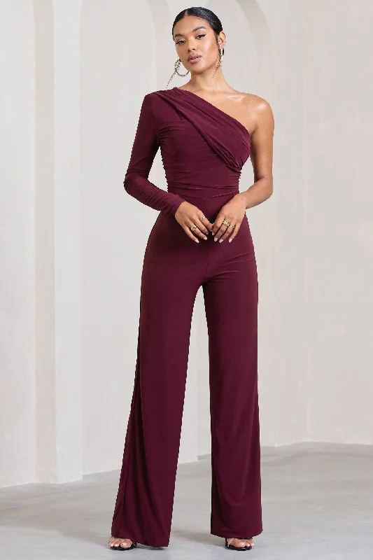 Women's Jumpsuits with Short LengthMila | Burgundy One Shoulder Ruched Wide Leg Jumpsuit