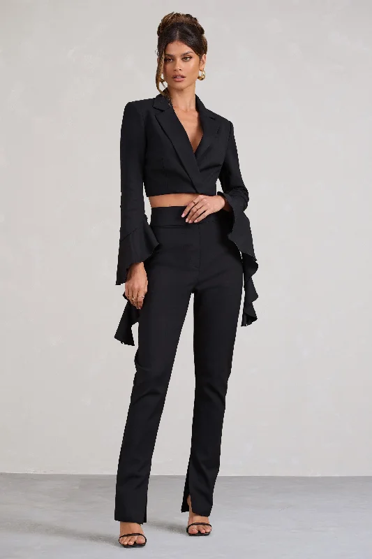 Women's Jumpsuits with Sweetheart CollarAddilyn | Black Cotton-Blend Tailored Straight-Leg Split Trousers